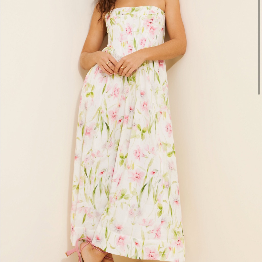 Bardot Strapless White Floral Maxi Dress With Pink And Green